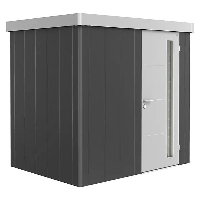 Biohort Caseta para jardín Neo 1B - 236 cm, 180 cm, Acero, Gris oscuro metalizado, Plata metalizado, Puerta de una hoja - Vista angular