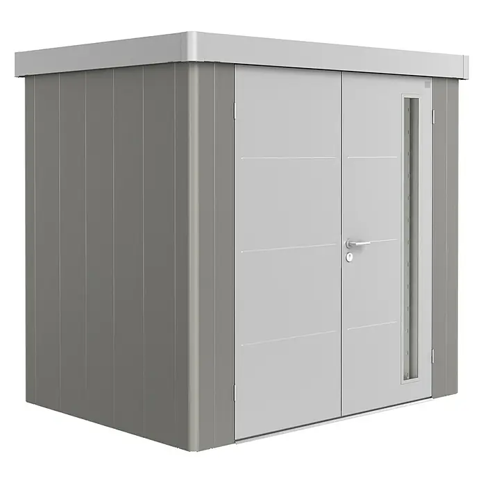 Biohort Caseta para jardín Neo 1B - 236 cm, 180 cm, Acero, Gris cuarzo metalizado, Plata metalizado, Puerta doble - Vista angular
