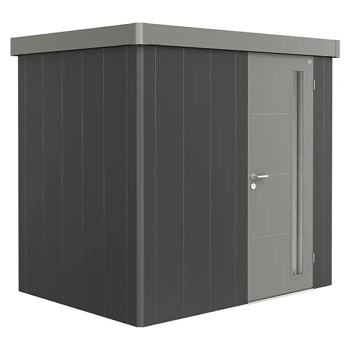 Biohort Caseta para jardín Neo 1B - 236 cm, 180 cm, Acero, Gris oscuro metalizado, Gris cuarzo metalizado, Puerta de una hoja - Vista angular