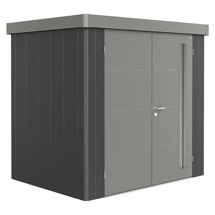 Biohort Caseta para jardín Neo 1B - 236 cm, 180 cm, Acero, Gris oscuro metalizado, Gris cuarzo metalizado, Puerta doble - Vista angular