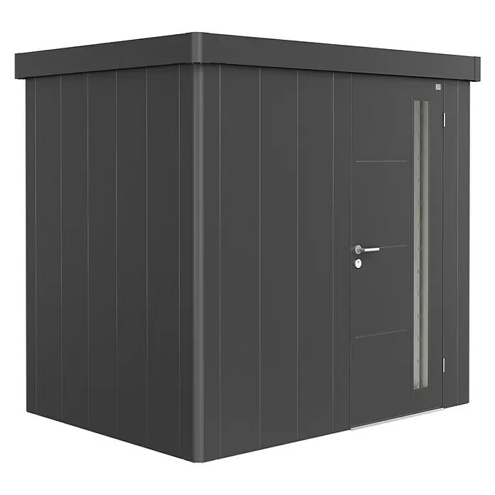 Biohort Caseta para jardín Neo 1B - 236 cm, 180 cm, Acero, Gris oscuro metalizado, Puerta de una hoja - Vista angular