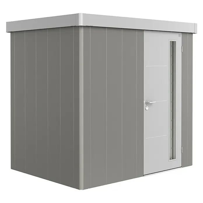 Biohort Caseta para jardín Neo 1B - 236 cm, 180 cm, Acero, Gris cuarzo metalizado, Plata metalizado, Puerta de una hoja - Vista angular