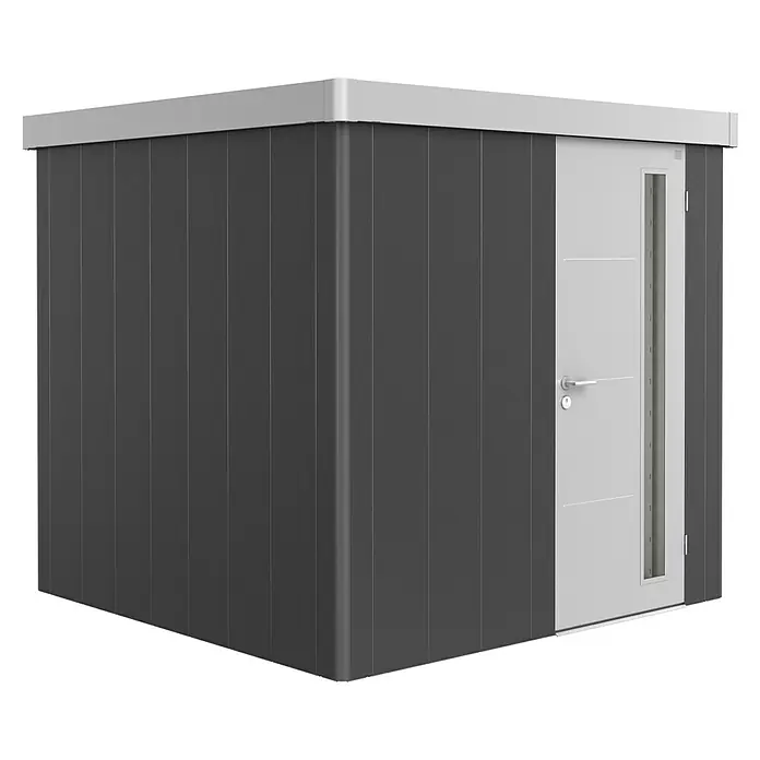 Biohort Caseta para jardín Neo 2B - 236 cm, 236 cm, Acero, Gris oscuro metalizado, Plata metalizado, Puerta de una hoja - Vista angular