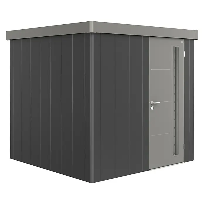 Biohort Caseta para jardín Neo 2B - 236 cm, 236 cm, Acero, Gris oscuro metalizado, Gris cuarzo metalizado, Puerta de una hoja - Vista angular