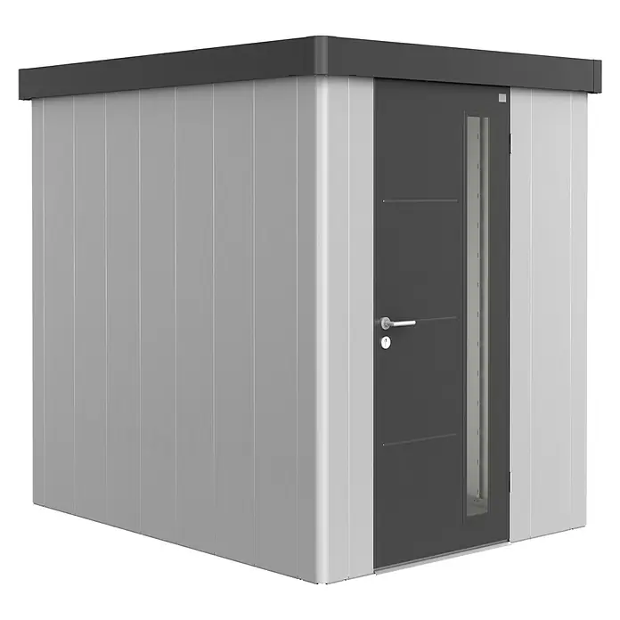 Biohort Caseta para jardín Neo 2A - Ancho exterior incluido el voladizo del techo: 180 cm, Profundidad exterior incluido el voladizo del techo: 236 cm, Acero, Plata metalizado, Gris oscuro metalizado - Vista angular