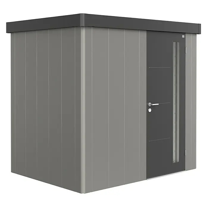 Biohort Caseta para jardín Neo 1B - 236 cm, 180 cm, Acero, Gris cuarzo metalizado, Gris oscuro metalizado, Puerta de una hoja - Vista angular