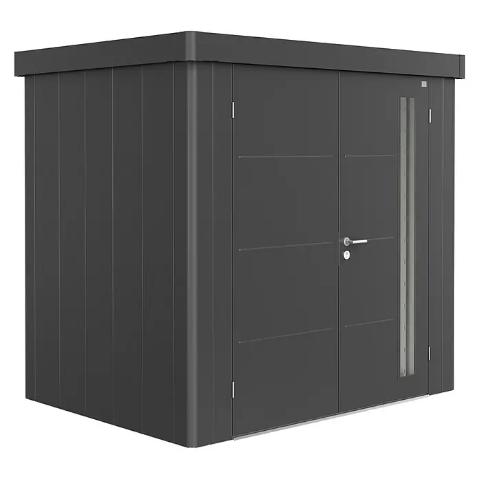 Biohort Caseta para jardín Neo 1B - 236 cm, 180 cm, Acero, Gris oscuro metalizado, Puerta doble - Vista angular