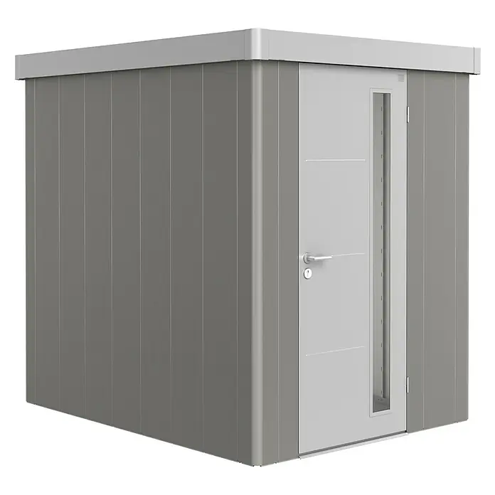 Biohort Caseta para jardín Neo 2A - Ancho exterior incluido el voladizo del techo: 180 cm, Profundidad exterior incluido el voladizo del techo: 236 cm, Acero, Gris cuarzo metalizado, Plata metalizado - Vista angular
