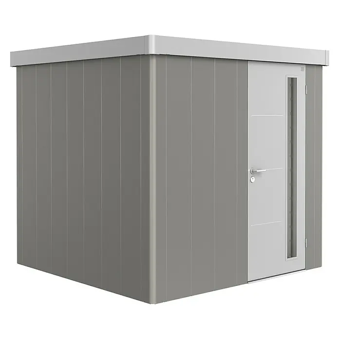Biohort Caseta para jardín Neo 2B - 236 cm, 236 cm, Acero, Gris cuarzo metalizado, Plata metalizado, Puerta de una hoja - Vista angular
