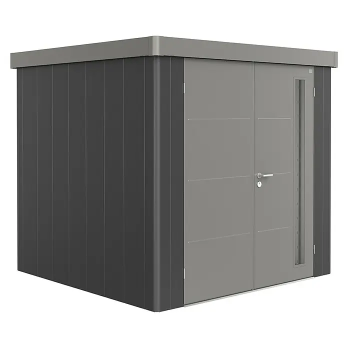 Biohort Caseta para jardín Neo 2B - 236 cm, 236 cm, Acero, Gris oscuro metalizado, Gris cuarzo metalizado, Puerta doble - Vista angular