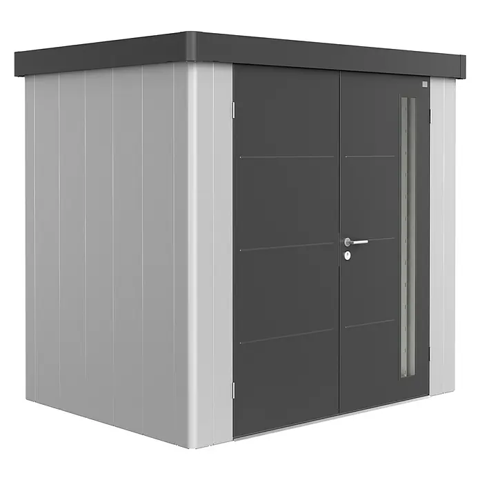Biohort Caseta para jardín Neo 1B - 236 cm, 180 cm, Acero, Plata metalizado, Gris oscuro metalizado, Puerta doble - Vista angular
