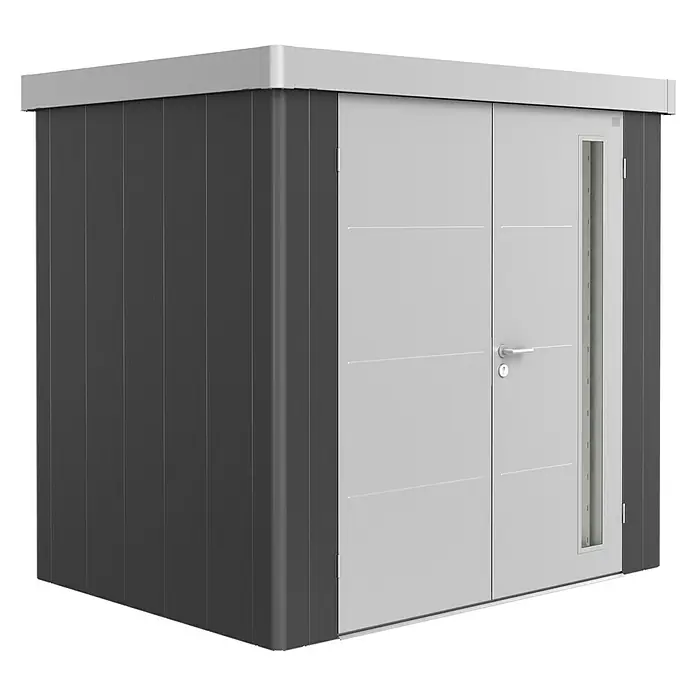 Biohort Gerätehaus Neo 1B - 236 cm, 180 cm, Stahl, Dunkelgrau Metallic, Silber Metallic, Doppeltür - Diagonale Ansicht