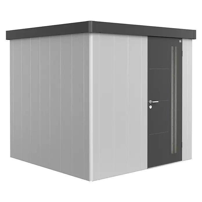 Biohort Caseta para jardín Neo 2B - 236 cm, 236 cm, Acero, Plata metalizado, Gris oscuro metalizado, Puerta de una hoja - Vista angular