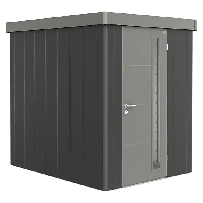 Biohort Gerätehaus Neo 2A - Außenbreite inkl. Dachüberstand: 180 cm, Außentiefe inkl. Dachüberstand: 236 cm, Stahl, Dunkelgrau Metallic, Quarzgrau Metallic - Diagonale Ansicht