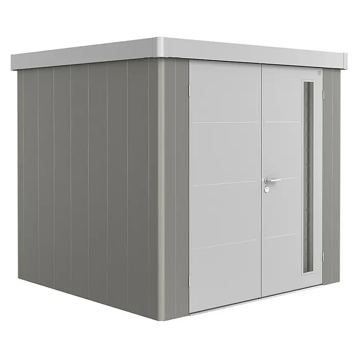 Biohort Caseta para jardín Neo 2B - 236 cm, 236 cm, Acero, Gris cuarzo metalizado, Plata metalizado, Puerta doble - Vista angular