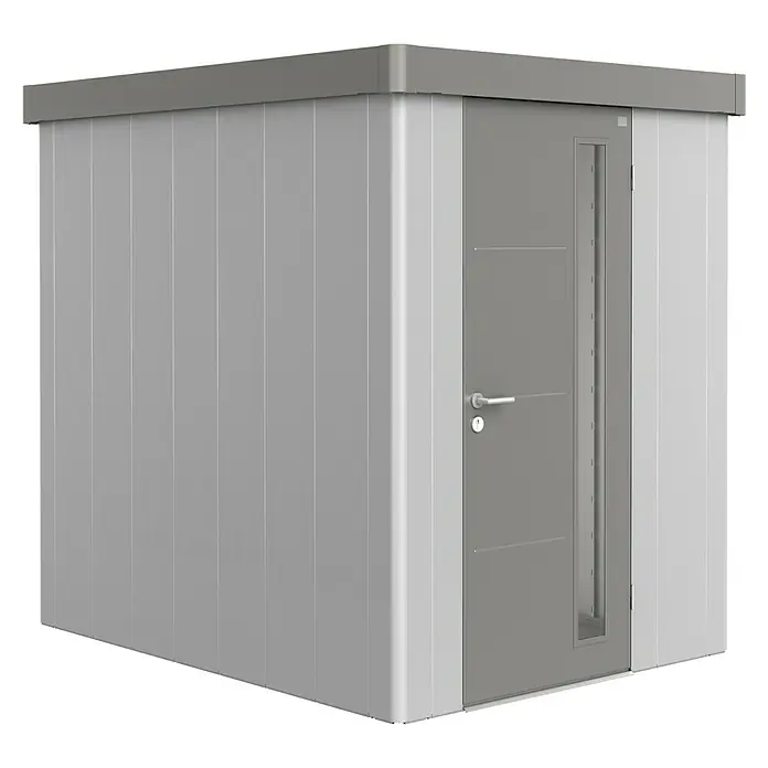 Biohort Caseta para jardín Neo 2A - Ancho exterior incluido el voladizo del techo: 180 cm, Profundidad exterior incluido el voladizo del techo: 236 cm, Acero, Plata metálico, Gris cuarzo metálico - Vista angular