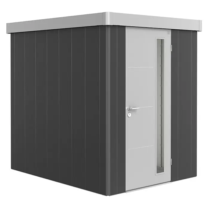 Biohort Caseta para jardín Neo 2A - Ancho exterior incluido el voladizo del techo: 180 cm, Profundidad exterior incluido el voladizo del techo: 236 cm, Acero, Gris oscuro metalizado, Plata metalizado - Vista angular