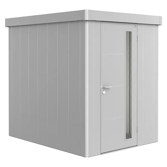Biohort Caseta para jardín Neo 2A - Ancho exterior incluido el voladizo del techo: 180 cm, Profundidad exterior incluido el voladizo del techo: 236 cm, Acero, Plateado metálico - Vista angular