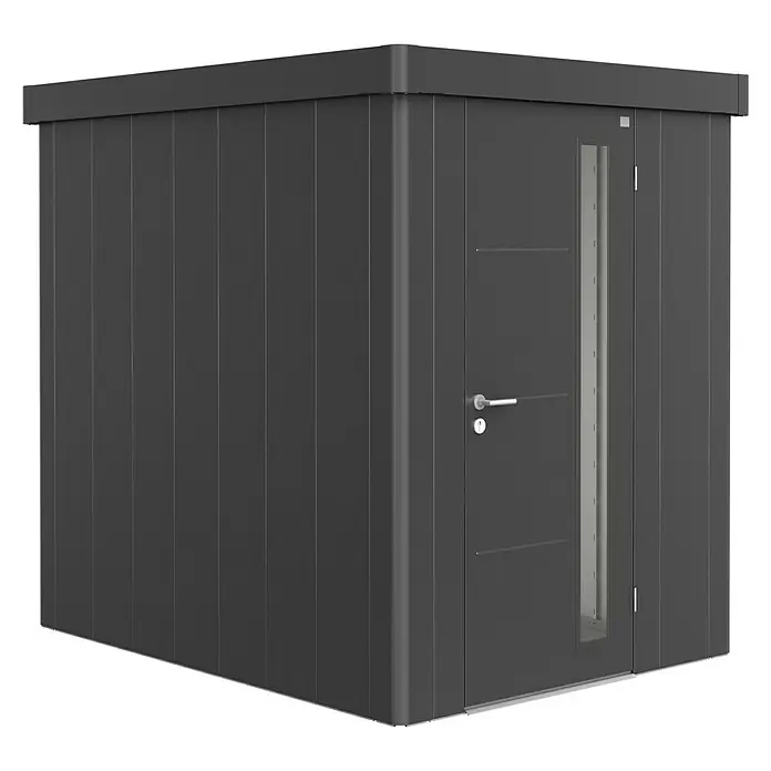 Biohort Caseta para jardín Neo 2A - Ancho exterior incluido el voladizo del techo: 180 cm, Profundidad exterior incluido el voladizo del techo: 236 cm, Acero, Gris oscuro metalizado - Vista angular