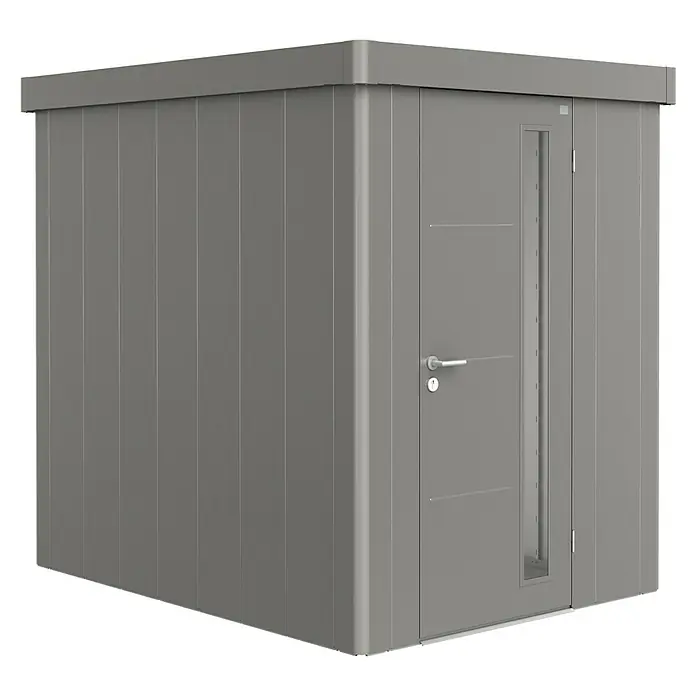 Biohort Caseta para jardín Neo 2A - Ancho exterior incluido el voladizo del techo: 180 cm, Profundidad exterior incluido el voladizo del techo: 236 cm, Acero, Gris cuarzo metalizado - Vista angular