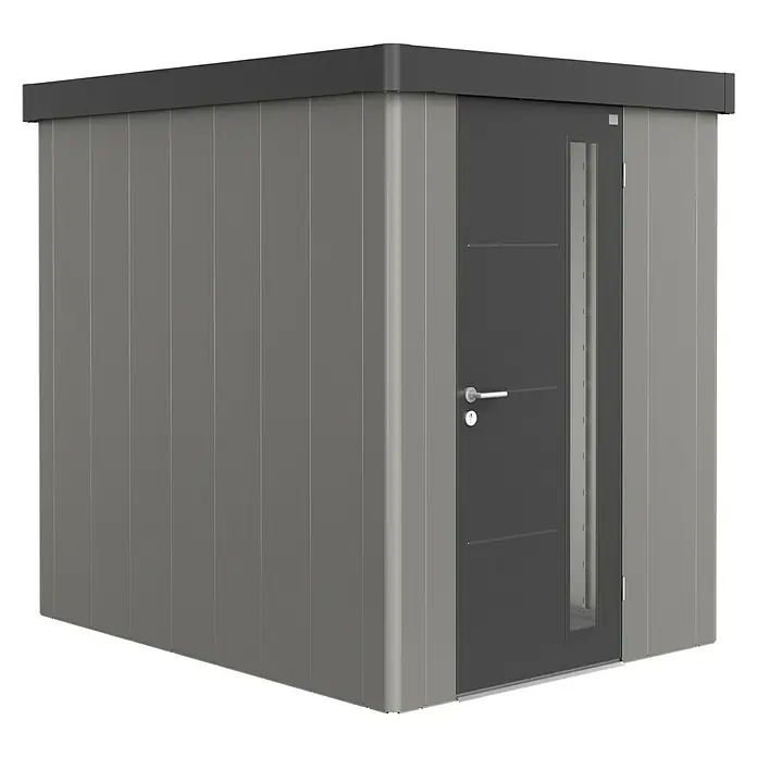 Biohort Caseta para jardín Neo 2A - Ancho exterior incluido el voladizo del techo: 180 cm, Profundidad exterior incluido el voladizo del techo: 236 cm, Acero, Gris cuarzo metalizado, Gris oscuro metalizado - Vista angular