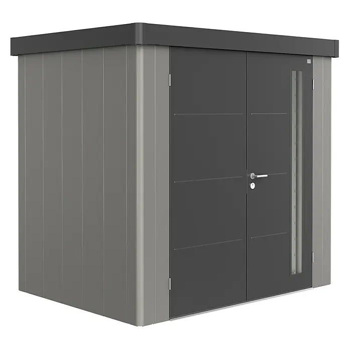 Biohort Caseta para jardín Neo 1B - 236 cm, 180 cm, Acero, Gris cuarzo metalizado, Gris oscuro metalizado, Puerta doble - Vista angular