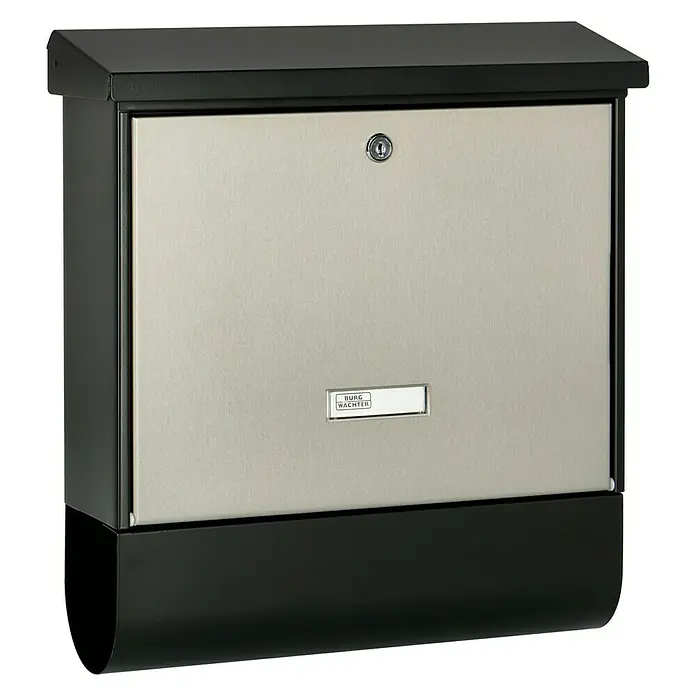 Burg-Wächter Briefkasten-Set London 68670 - Stahl, 377 x 115 x 420 mm, Schwarz/Edelstahl, Format Einwurf: 332 x 31 mm - Diagonale Ansicht