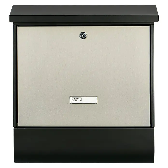 Burg-Wächter Briefkasten-Set London 68670 - Stahl, 377 x 115 x 420 mm, Schwarz/Edelstahl, Format Einwurf: 332 x 31 mm - Vorderansicht