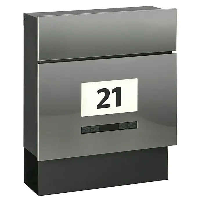 Briefkasten Quintus Solar - L x B x H: 14,5 x 39,5 x 48 cm, Stahl, Mit Zeitungsfach, Farbe: Edelstahl - Diagonale Ansicht