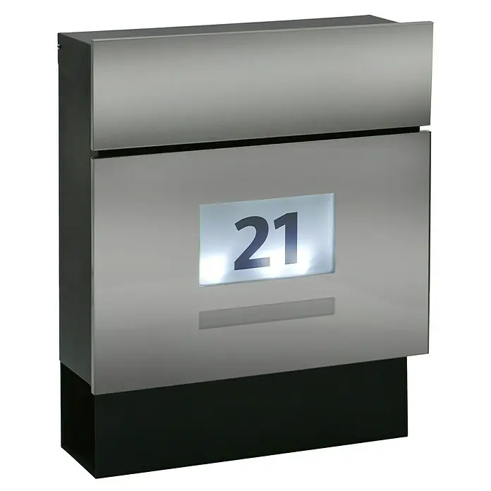 Briefkasten Quintus Solar - L x B x H: 14,5 x 39,5 x 48 cm, Stahl, Mit Zeitungsfach, Farbe: Edelstahl - Diagonale Ansicht