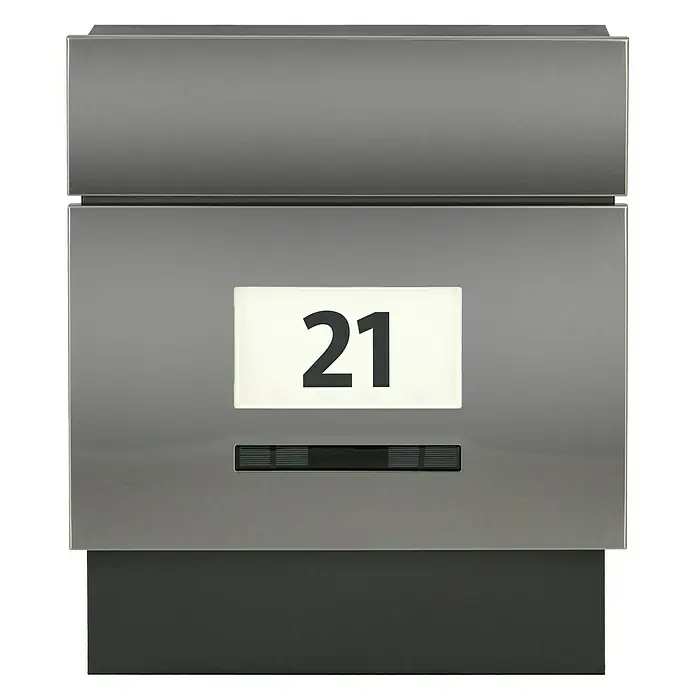 Briefkasten Quintus Solar - L x B x H: 14,5 x 39,5 x 48 cm, Stahl, Mit Zeitungsfach, Farbe: Edelstahl - Vorderansicht