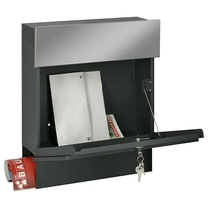 Briefkasten Quintus - L x B x H: 14,5 x 39,5 x 48 cm, Stahl, Grau, RAL 7016 - Anwendungsbeispiel
