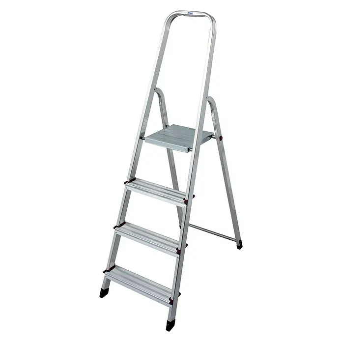 Krause Corda Stufenstehleiter - Arbeitshöhe: 2,8 m, Anzahl Tritte: 4 Stufen, Tiefe Stufen: 80 mm, Aluminium - Diagonale Ansicht