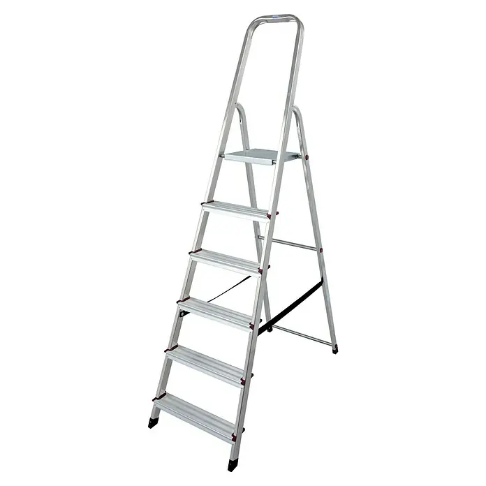 Krause Corda Escalera de tijera polivalente con 6 peldaños - Altura de trabajo: 3,2 m, Número de peldaños: 6 escalones, Profundidad peldaños: 80 mm, Aluminio - Vista angular
