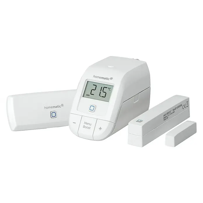 Homematic IP Starter-Set HmIP-SK12 Raumklima WLAN - 1 x WLAN Access Point, 1 x Heizkörperthermostat, 1 x Fenster- und Türkontakt, 4 x Batterie, Montagematerial - Diagonale Ansicht