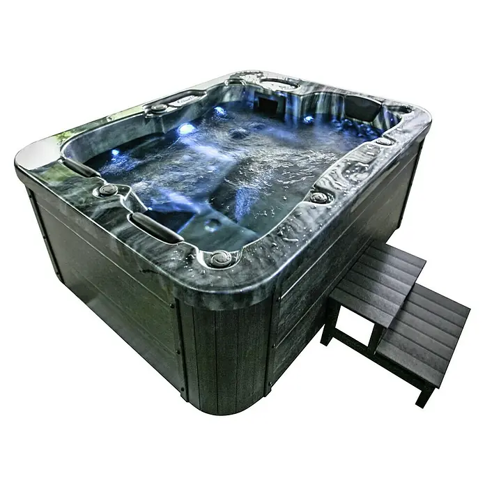 Home Deluxe Außen-Whirlpool Black Marble - 210 x 160 x 85 cm, 570 l, Schwarz, Geeignet für: 3 Personen, Mit Treppe - Diagonale Ansicht