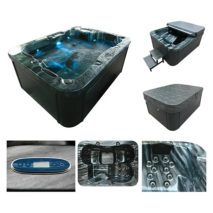 Home Deluxe Außen-Whirlpool Black Marble - 210 x 160 x 85 cm, 570 l, Schwarz, Geeignet für: 3 Personen, Mit Treppe - Diagonale Ansicht