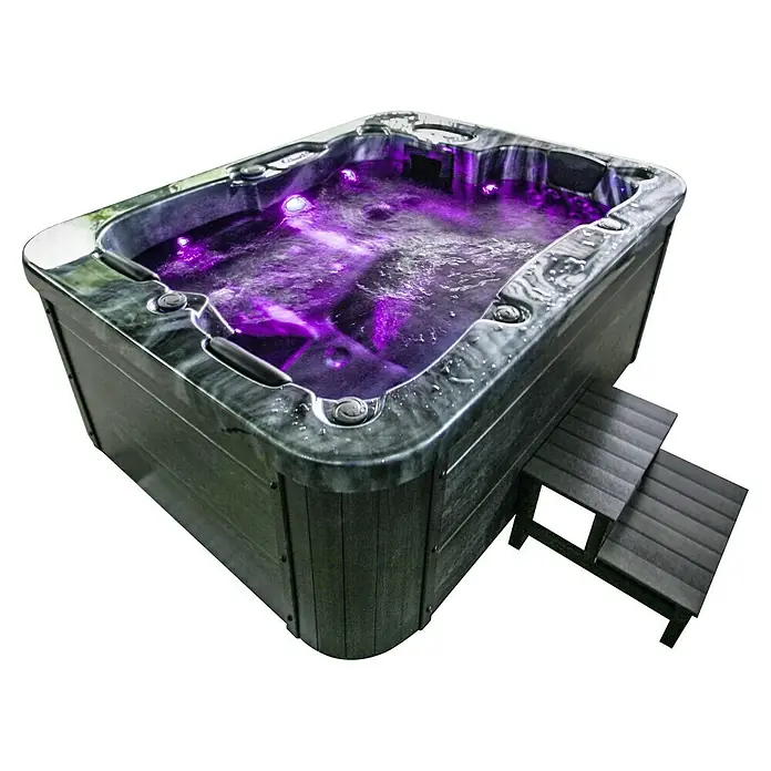 Home Deluxe Außen-Whirlpool Black Marble - 210 x 160 x 85 cm, 570 l, Schwarz, Geeignet für: 3 Personen, Mit Treppe - Diagonale Ansicht