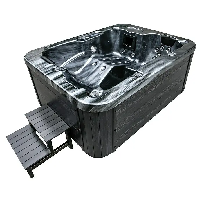 Home Deluxe Außen-Whirlpool Black Marble - 210 x 160 x 85 cm, 570 l, Schwarz, Geeignet für: 3 Personen, Mit Treppe - Diagonale Ansicht