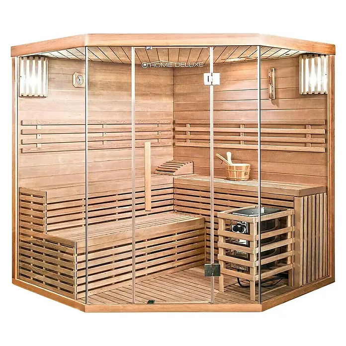 Home Deluxe Saunahaus Skyline - Mit 8 kW Saunaofen mit integrierter Steuerung, L x B x H: 200 x 200 x 210 cm - Vorderansicht