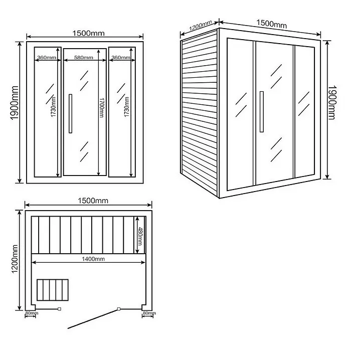 Home Deluxe Saunahaus Skyline L - Mit 4,5 kW Harviaofen, L x B x H: 120 x 150 x 190 cm - Skizze