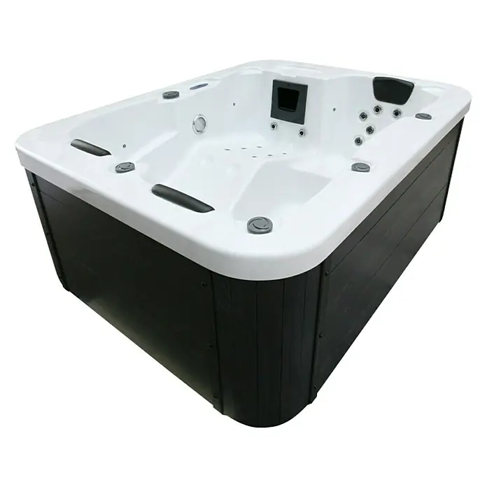 Home Deluxe Außen-Whirlpool White Marble - 210 x 160 x 85 cm, 570 l, Weiß/Schwarz, Geeignet für: 3 Personen, Mit Treppe - Diagonale Ansicht