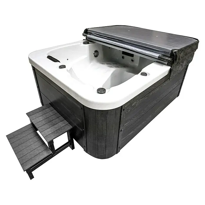 Home Deluxe Außen-Whirlpool White Marble - 210 x 160 x 85 cm, 570 l, Weiß/Schwarz, Geeignet für: 3 Personen, Mit Treppe - Diagonale Ansicht