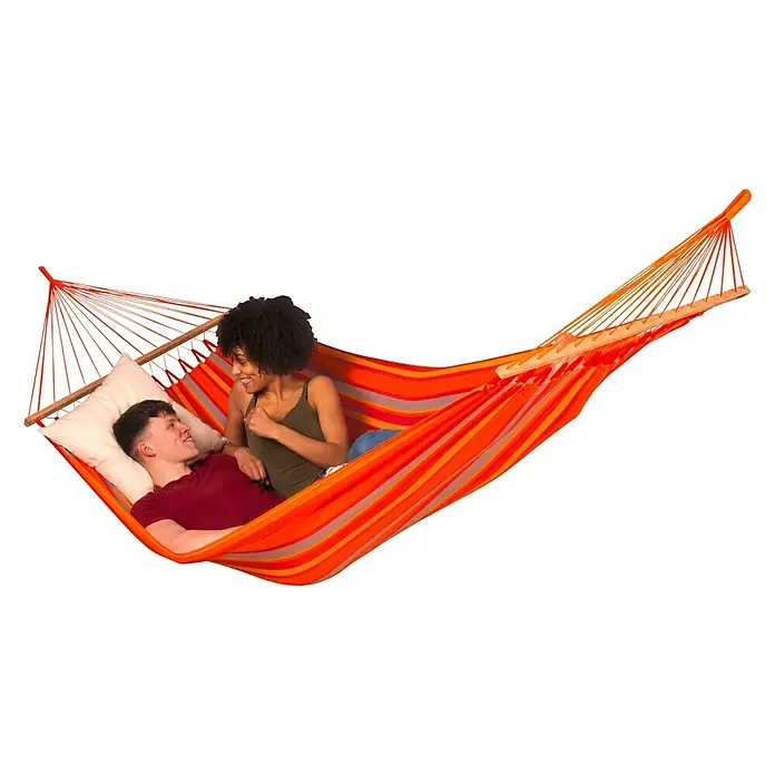 Hamaca colgante doble Alisio Toucan - L x An: 350 x 160 cm, Naranja, Amarillo - Producto en uso