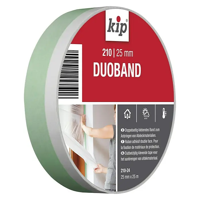 Kip Duoband 210 - Beidseitig klebend, 25 m x 25 mm x 0,12 mm, Weich-PVC, Temperaturbeständigkeit: Bis 90 °C - Diagonale Ansicht