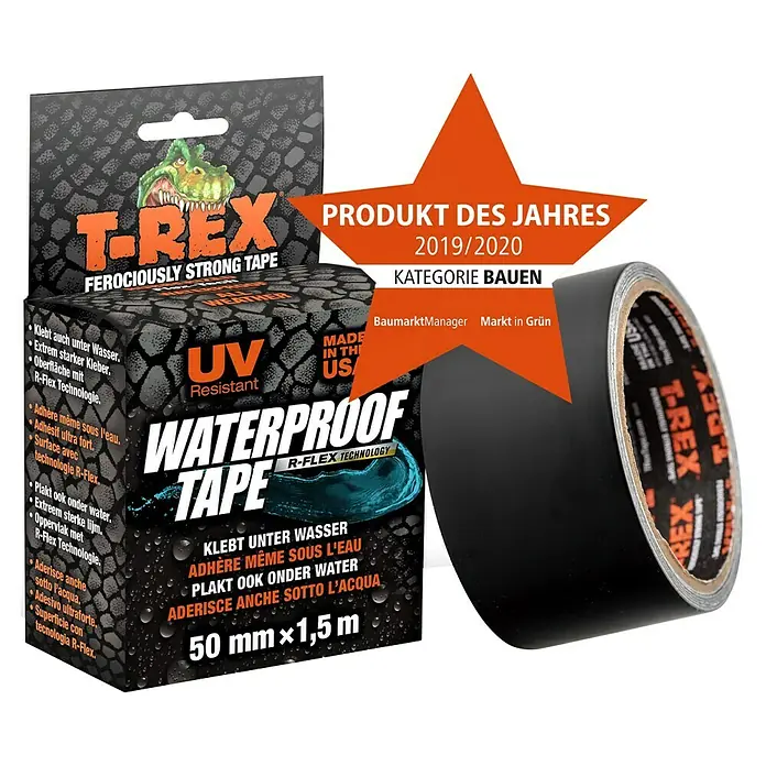 T-Rex Reparaturband Waterproof Tape - Schwarz, 1,5 m x 50 mm - Diagonale Ansicht