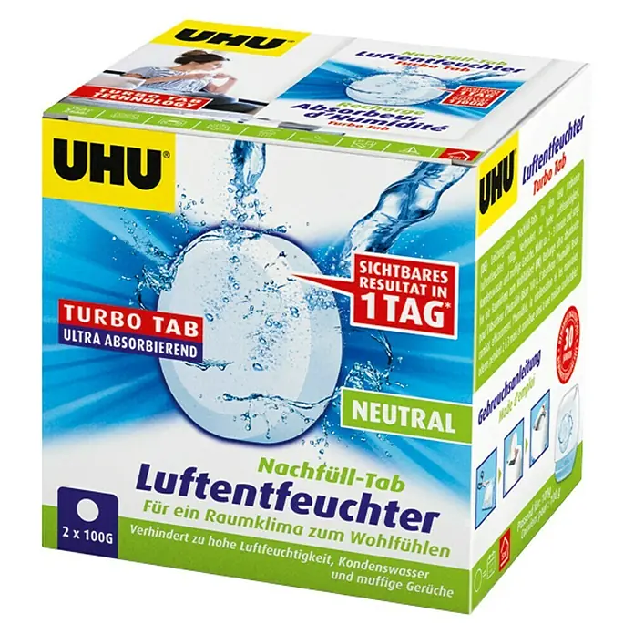 UHU Luftentfeuchter-Tabs - Neutral, 2 Stk. x 100 g - Diagonale Ansicht