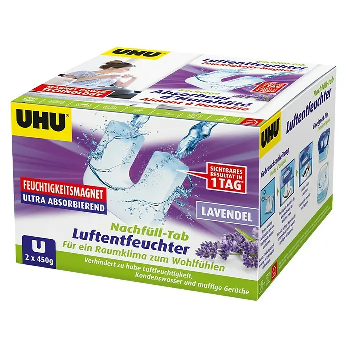 UHU Luftentfeuchter-Tabs Ambiance Magnet-Tabs - Lavendel, 2 Stk. x 450 g - Diagonale Ansicht