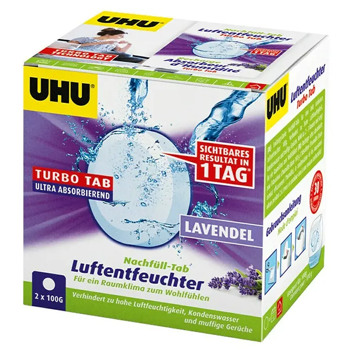 UHU Luftentfeuchter-Tabs - Lavendel, 2 Stk. x 100 g - Diagonale Ansicht