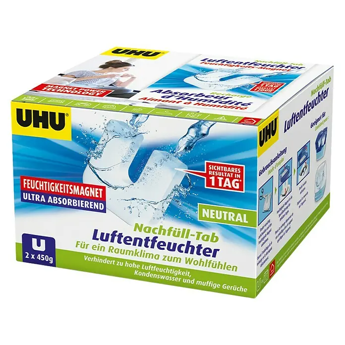 UHU Luftentfeuchter-Tabs Ambiance Magnet-Tabs - Neutral, 2 Stk. x 450 g - Diagonale Ansicht